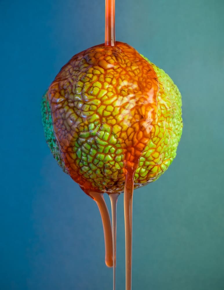 Photographie d'une orange des Osages en lévitation avec un liquide orange qui coule dessus et un fond dégradé bleu