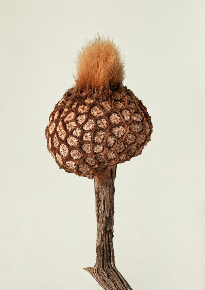 Photographie du fruit du platane commun sans ses akènes en studio sur un fond ivoire
