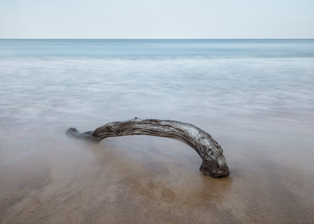 Photographie en pose longue de l'océan avec un bois flotté en premier plan